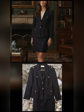 Linen Safari Equestrian Navy Blazer Jacket Skirt Suit Tailored 10 Calvin Klein